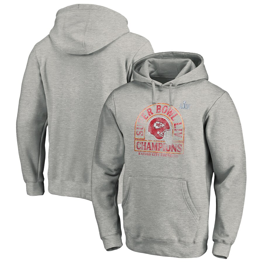 Men Kansas City Chiefs NFL Pro Line by Fanatics Branded Super Bowl LIV Champions Kickoff Pullover Hoodie Heather Gray